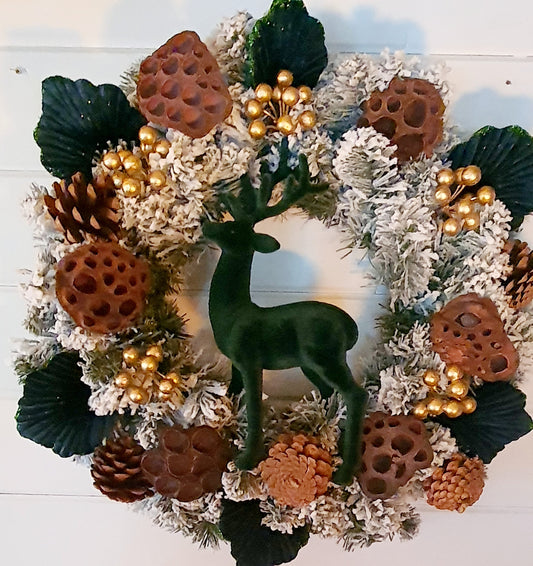 Green Stag with Gold Frosted Wreath - 45cm