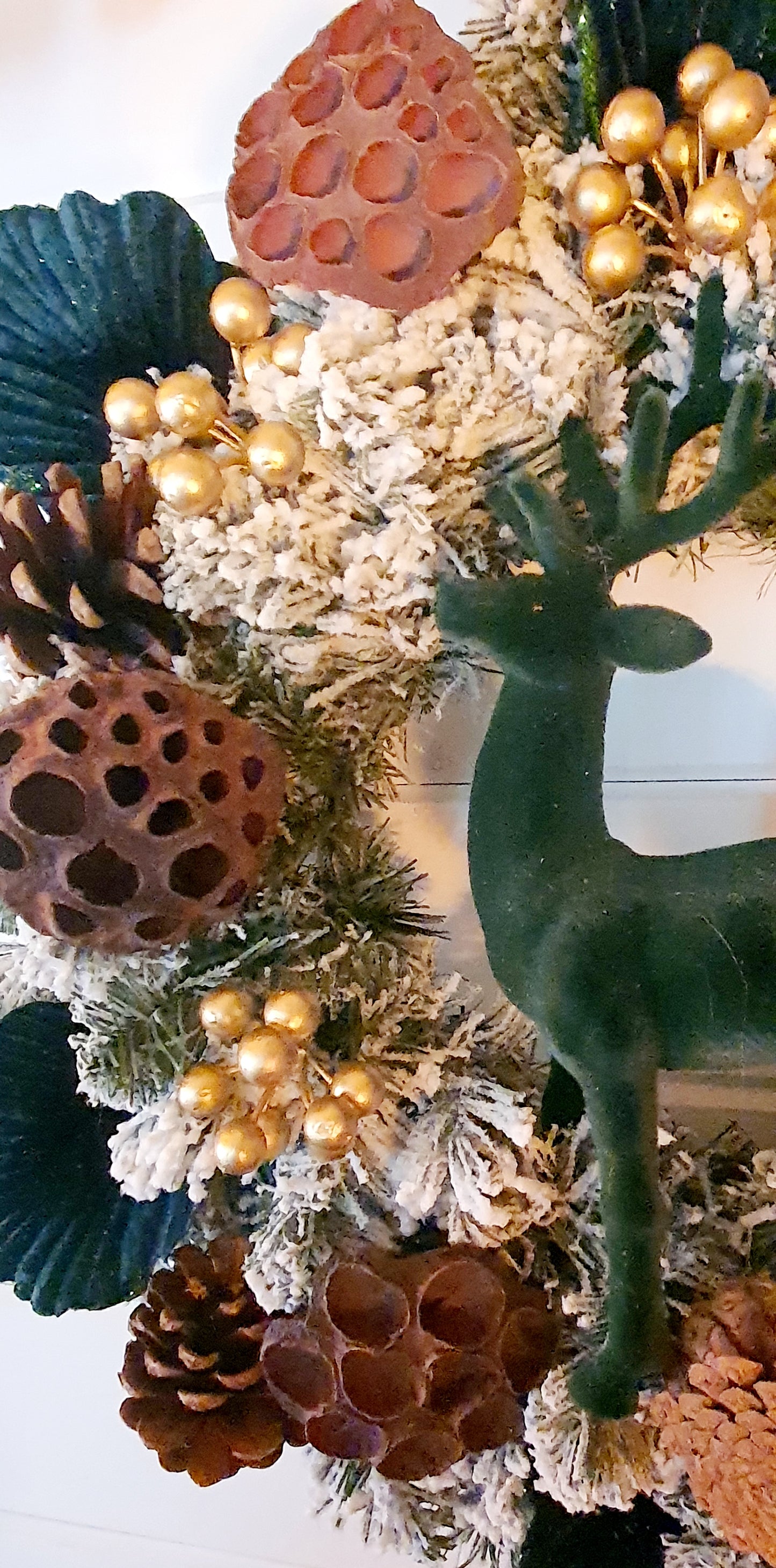 Green Stag with Gold Frosted Wreath - 45cm