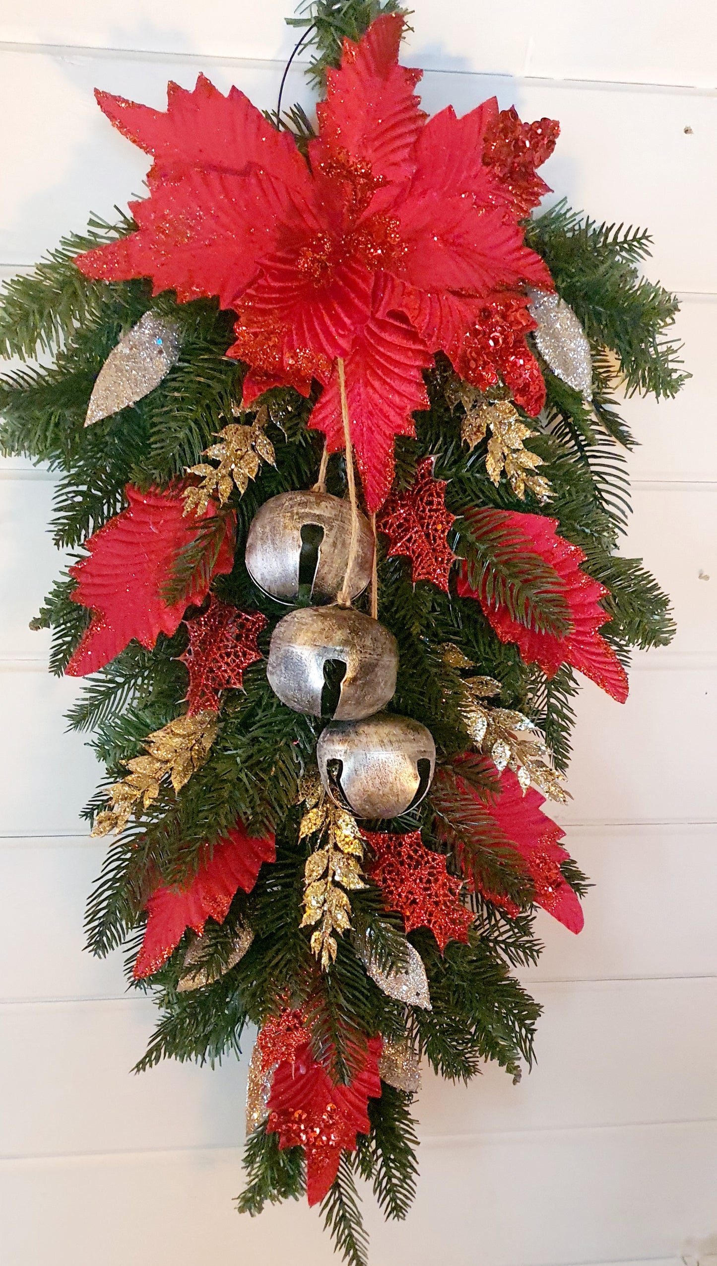Red Poinsettia & Silver Bells Swag - 60cm long