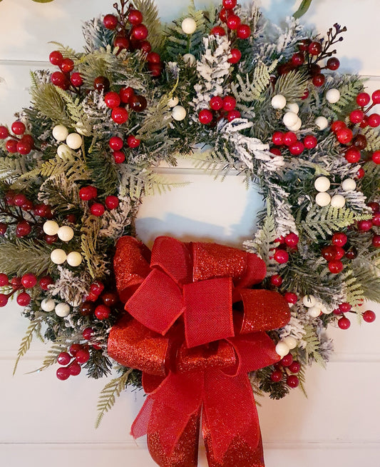 Frosted Red Ribbon and Berries Wreath - 45cm