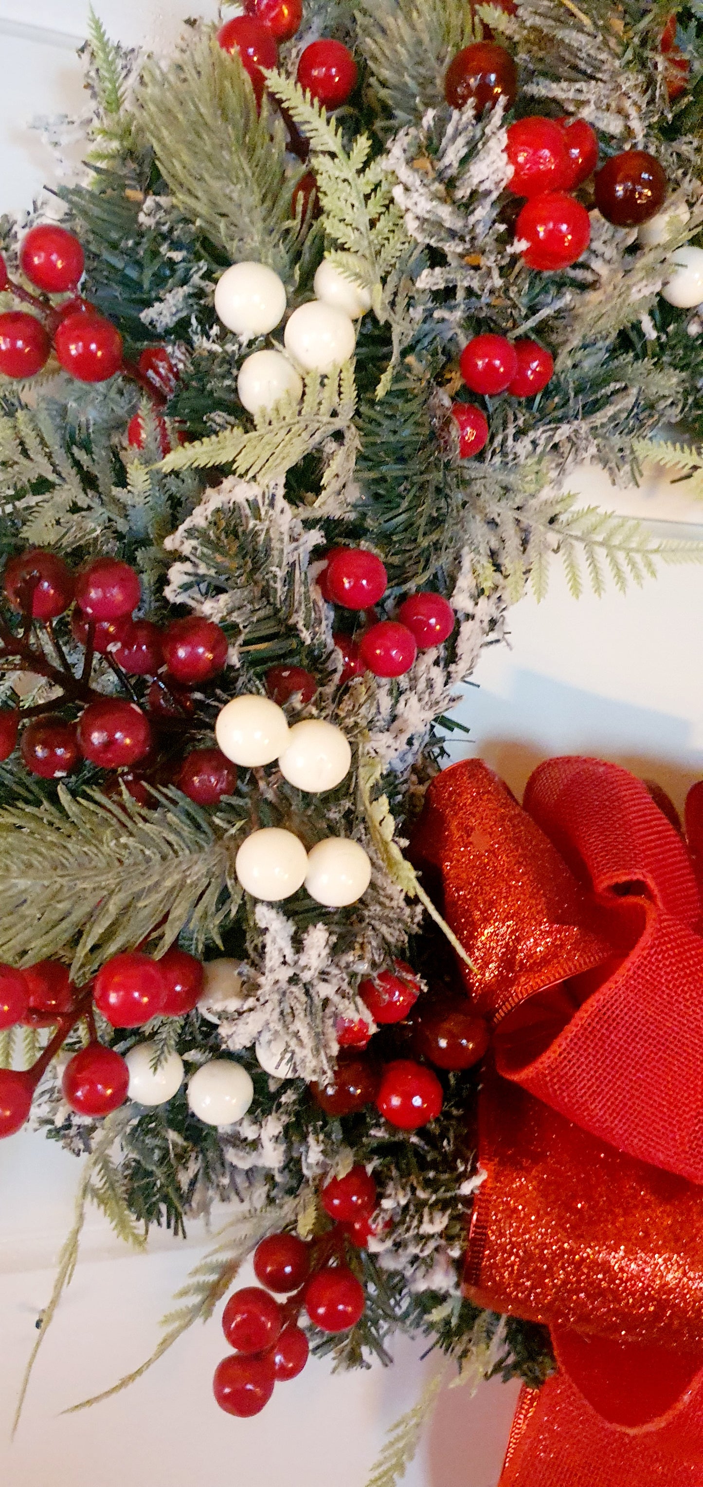 Frosted Red Ribbon and Berries Wreath - 45cm