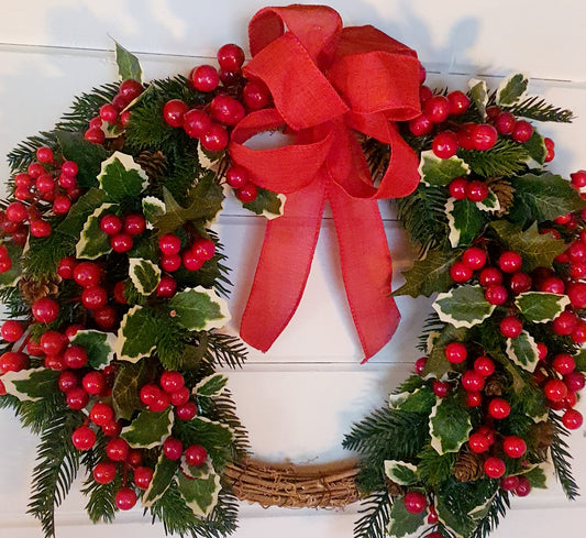 Red Berry with Red Bow Wreath  - 40cm