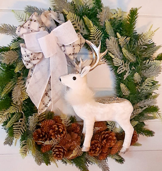 White Woodland Reindeer Wreath - 45cm