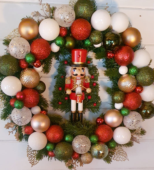 Red Nutcracker and Bauble Wreath - 60cm