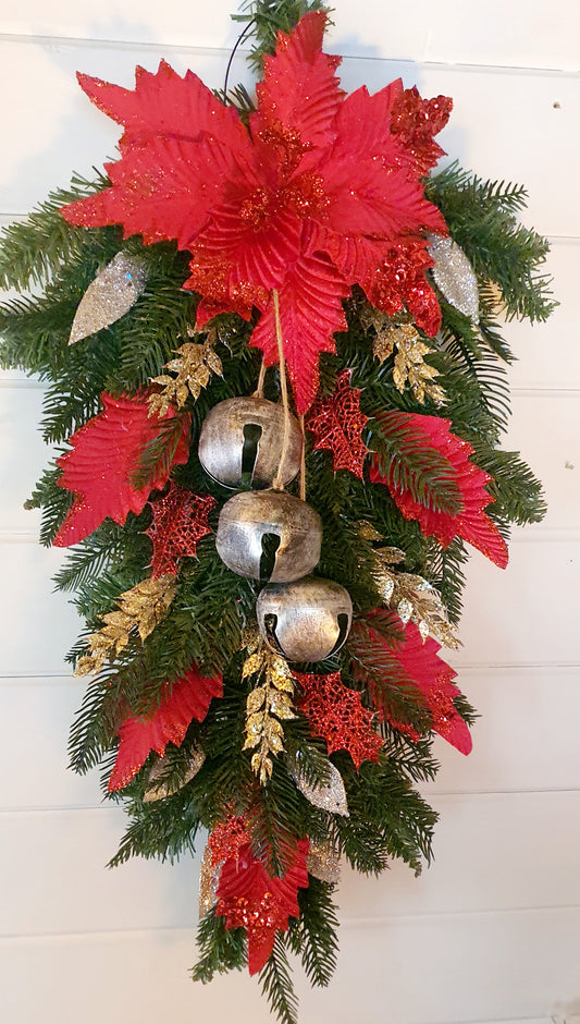Red Poinsettia & Silver Bells Swag - 60cm long