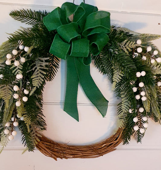 White Berry with Green Bow Wreath - 40cm