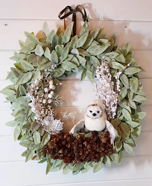 Frosted Owl Wreath - 55cm